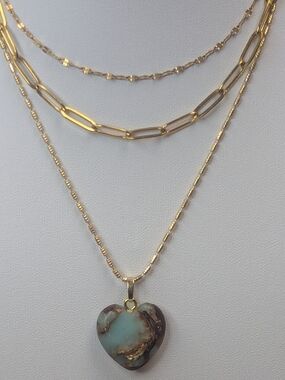 18K GP Layered Necklace Stack Aqua Terra Jasper Heart Pendant Gold Set
